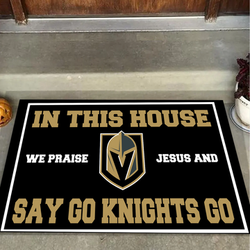 In This House We Praise Jesus And Say Go Knights Doormat For Vegas Golden Knights Fans