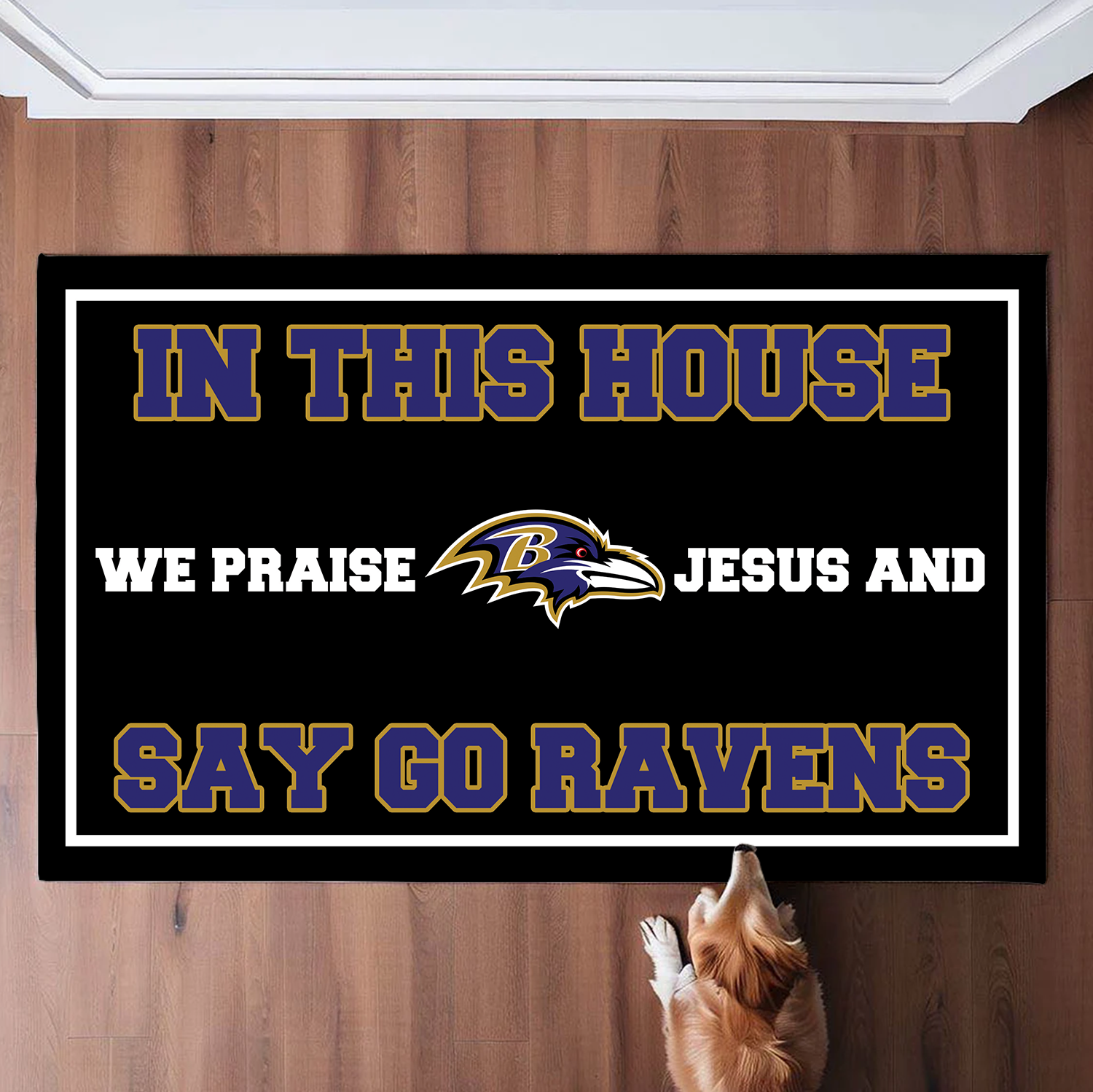 In This House We Praise Jesus and Say Go Ravens Doormat