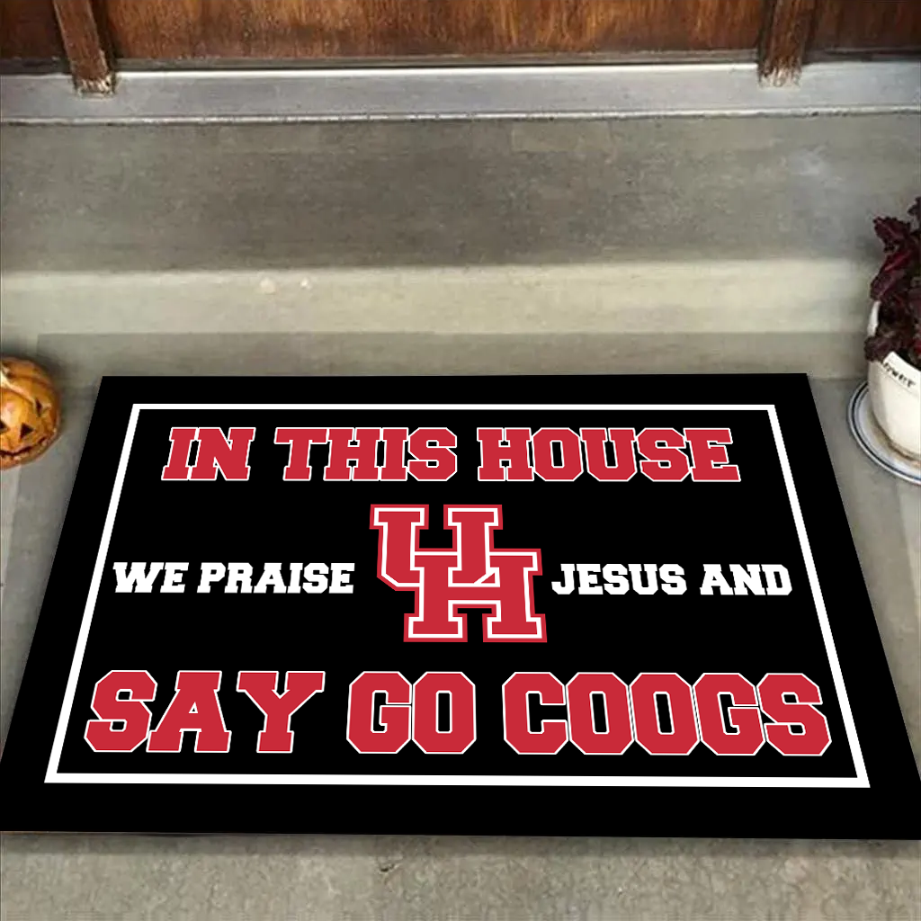 In This House We Praise Jesus and Say Go Coogs Doormat for Houston Cougars Fans