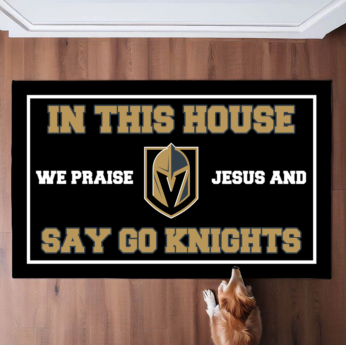 In This House We Praise Jesus and Say Go Knights Doormat for Vegas Golden Knights Fans