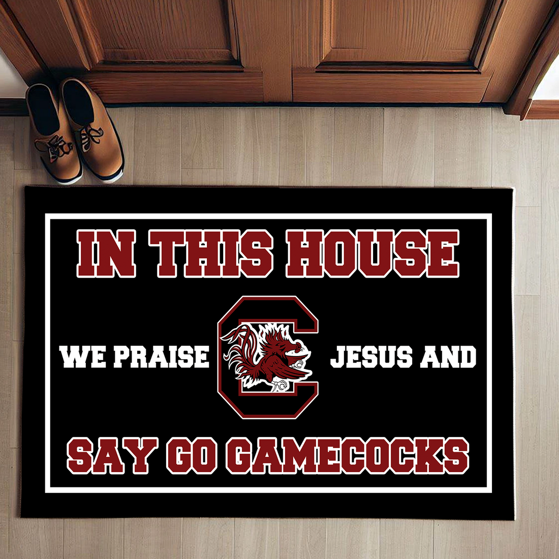 In This House We Praise Jesus And Say Go Gamecock Doormat for South Carolina Fans