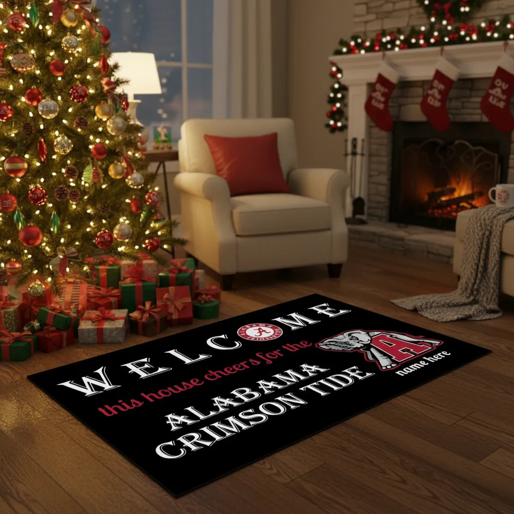 Custom Welcome This House Cheers For The Crimson Tide Mat for Bama Fans
