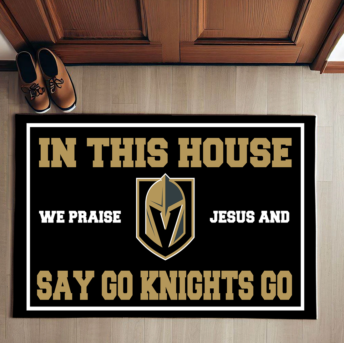 In This House We Praise Jesus And Say Go Knights Doormat For Vegas Golden Knights Fans