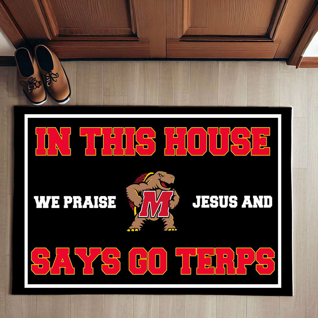 In This House We Praise Jesus And Says Go Terps Doormat for Maryland Terrapins Fans