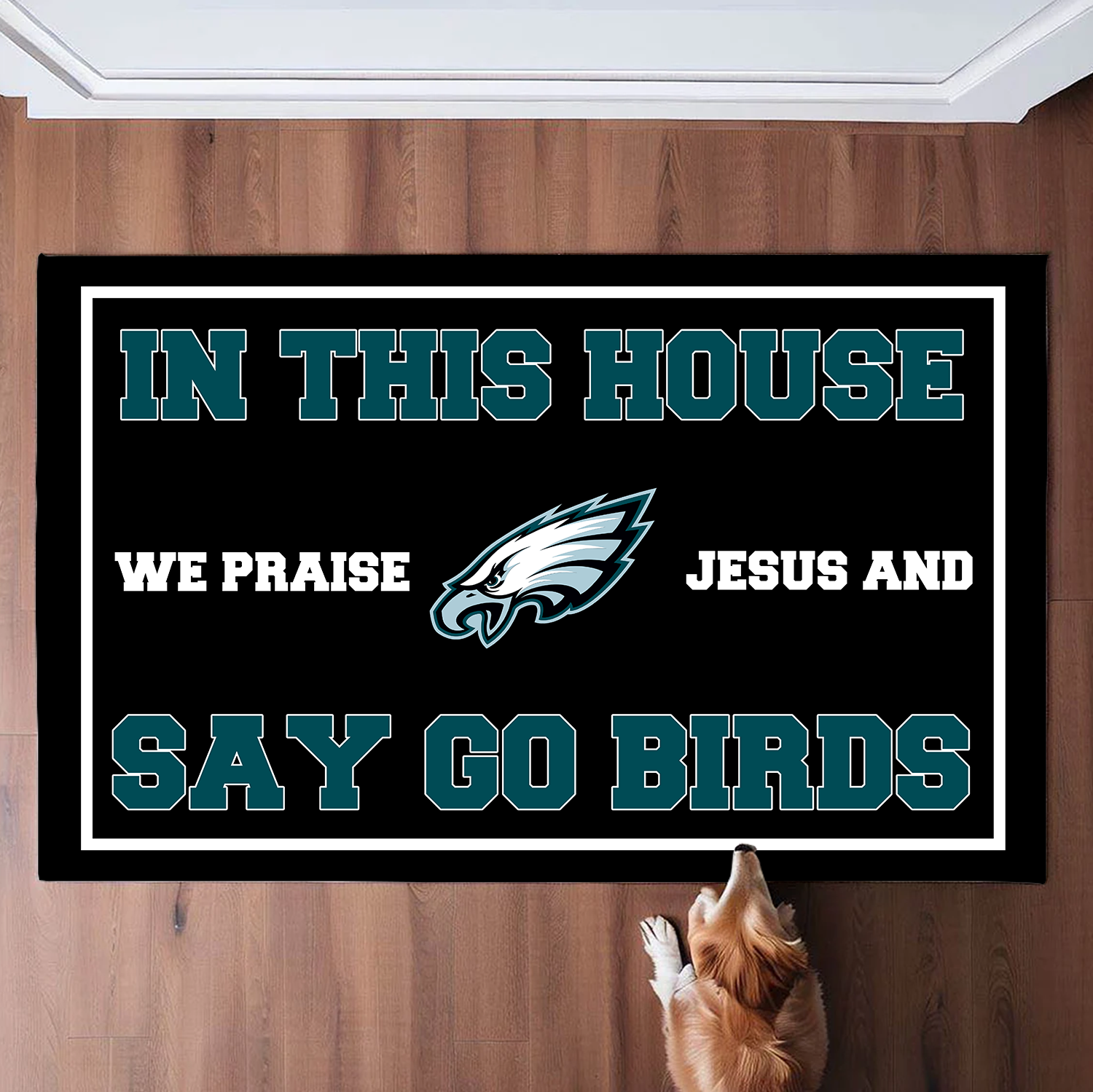 In This House We Praise Jesus and Say Go Birds Doormat Philadelphia Eagles Doormat