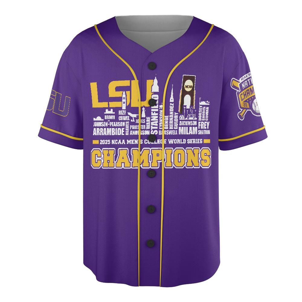 2025 NCAA Men's College World Series Champions LSU Tigers Baseball Jersey For Fans