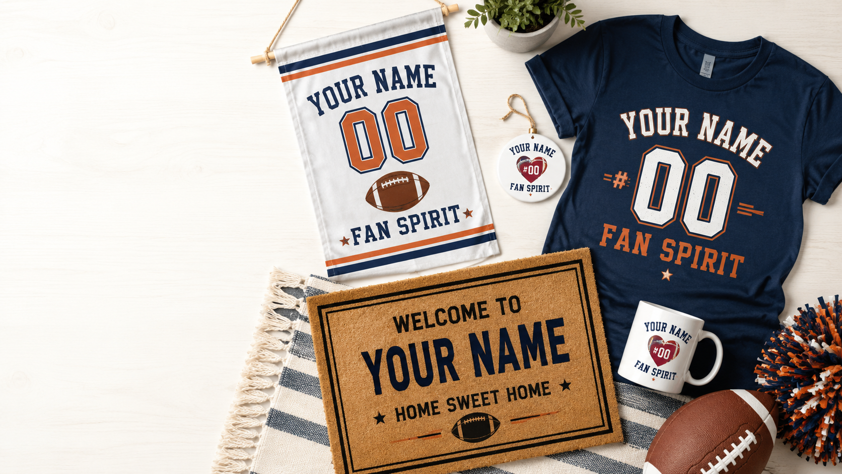 Personalized sports inspired gifts including apparel, tumblers, ornaments, and doormats