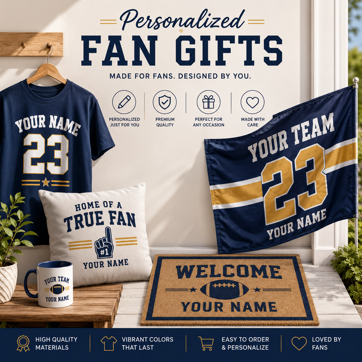 Personalized fan gifts arranged with apparel, decor, ornaments, and drinkware